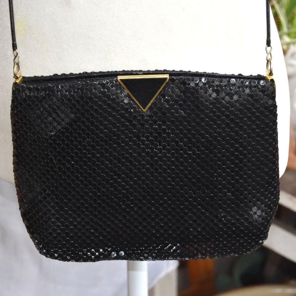 Vintage 1980s ELKA Black Metal Mesh Shoulder Bag Purse Art Deco Gold